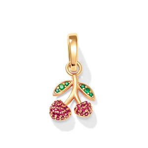 Macro view of 18K gold plated cherry pendant with red and green sparkling crystals