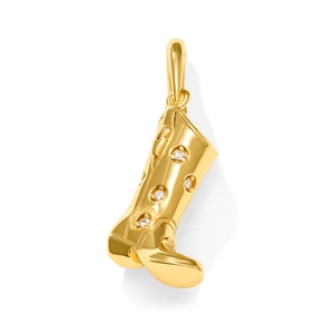 Detailed macro view of 18K gold plated cowboy boot pendant with sparkling white gemstones