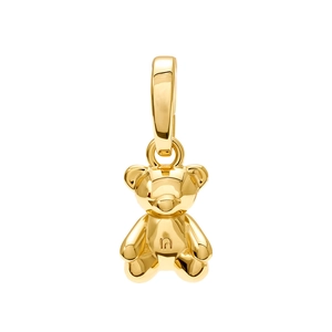 Macro shot of 18K gold plated 3D bear pendant with polished finish and engraved n logo