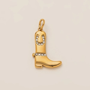 Close-up of 18K gold plated boot pendant with horseshoe rhinestones and top ring