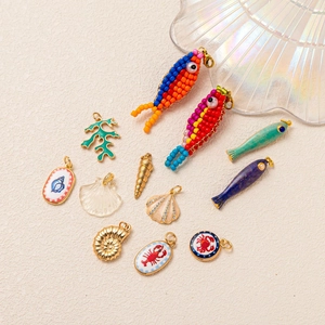 Ocean series charm set with beaded fish seashell and crab pendants for DIY jewelry making
