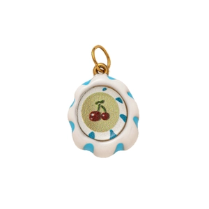 Polished 18K gold plated stainless steel cherry pendant with blue and white enamel edges