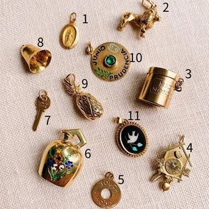 Collection de 11 pendentifs vintage plaqués or 18 carats avec motifs lion, cloche et fleurs