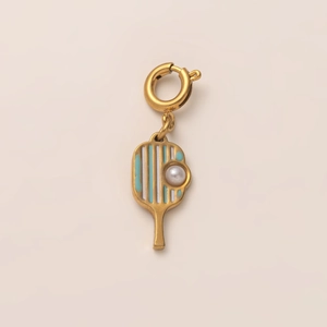 Pendentif raquette en acier doré 18K avec rayures bleues et perle d'accentuation