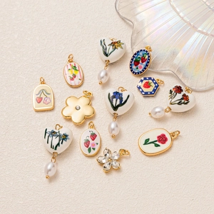 Retro 18K gold plated heart and floral charms with pearls and strawberry motifs