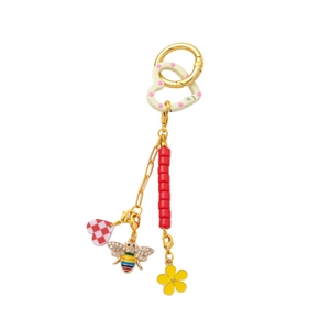Porte-clés plaqué or 18K avec cœur à carreaux, abeille en cristal et breloque fleurie