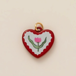 Vintage red heart pendant with pink tulip floral print and golden metal ring hook