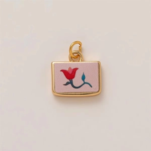 Minimalist 18K gold plated square pendant with pink enamel and red tulip flower