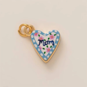 Exquisite 18K gold heart pendant with Mom floral design and blue polka dots border