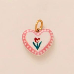 Minimalist 18K gold heart pendant with red tulip flower and pink dotted border
