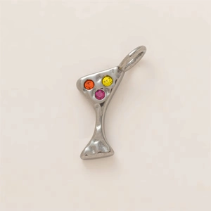 Polished stainless steel cocktail glass pendant with three colorful rhinestones