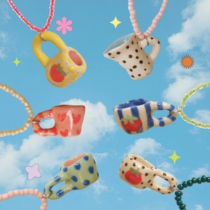 Colorful 18K gold plated beaded necklaces with cute hand-painted ceramic cup pendants