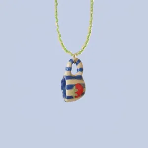 Colorful strawberry mug pendant necklace with green and white seed beads, 18k gold plated