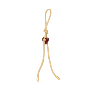 Minimalist beige braided rope keychain with red wooden heart and gold metal ends