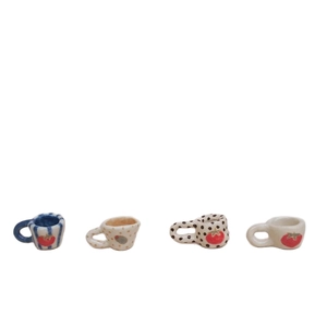 Set of four miniature ceramic dollhouse cups with hand-painted red tomato designs