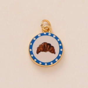 Gold-plated round croissant pendant with blue polka dot enamel border for DIY jewelry