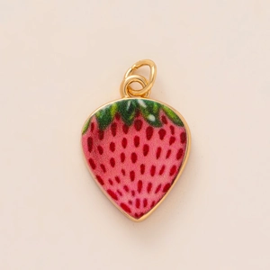 Pink enamel strawberry pendant with gold plating and green leaves for DIY jewelry making