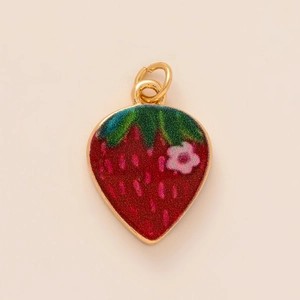 Gold-plated strawberry pendant with red enamel, pink dots and small floral detail