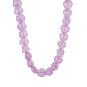 Macro detail of lavender purple resin heart-shaped chain beads with frosted glitter finish