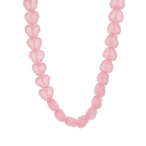 Detailed view of pink resin heart beads with frosted texture and romantic candy style