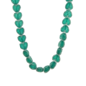 Detail of green heart beaded necklace with matte glitter finish and resin beads
