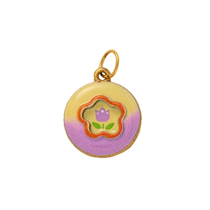 Polished 18K gold-plated stainless steel round pendant with enamel flower and gradient
