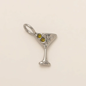 Macro detail of martini glass charm pendant with yellow zircon stones in silver finish