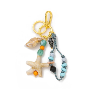 Marine style keychain with starfish, seashells and ocean beads on gold lobster clasp