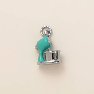 Miniature teal enamel stand mixer pendant charm with silver base and 18K gold ring