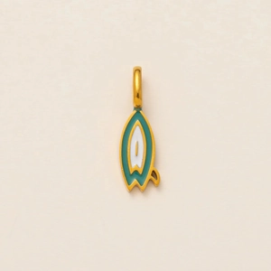 Minimalist 18K gold stainless steel surfboard pendant with green enamel and tail fin detail