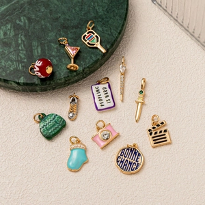 Minimalist 18K gold plated copper sport charms set with enamel tennis racket and shoes