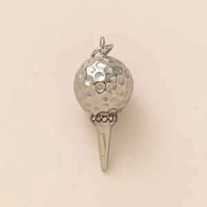 Polished silver golf ball pendant with a sparkling diamond-encrusted tee band