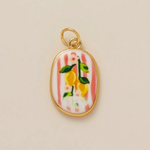 Pendentif ovale doré à rayures roses et motif citron pour création de bijoux DIY