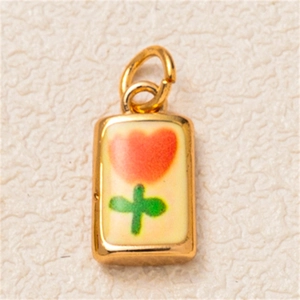 Rectangular gold-plated tulip pendant with red flower and cream enamel inlay