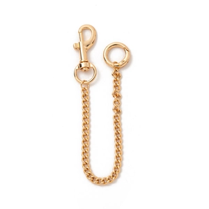 Detailed view of polished gold metal chain accessory with lobster claw and spring ring