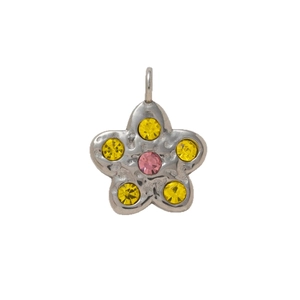 Silver flower pendant with yellow and pink rhinestones for DIY jewelry making