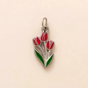 Pendentif tulipe rouge en acier inoxydable argenté avec feuilles vertes vives