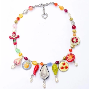 Bohemian stainless steel beaded necklace with colorful fruit and vegetable charms