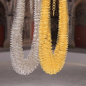 Minimalist gold and silver spring-shaped titanium steel necklaces with spiral textures