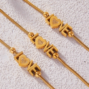Gold 18K plated stainless steel LOVE heart bracelet with sparkling cubic zirconia