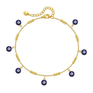 Vue détaillée du bracelet de cheville plaqué or 18K avec breloques œil bleu et perles dorées