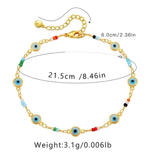 Diagramme technique montrant les dimensions et le poids de la chaîne de cheville Evil Eye