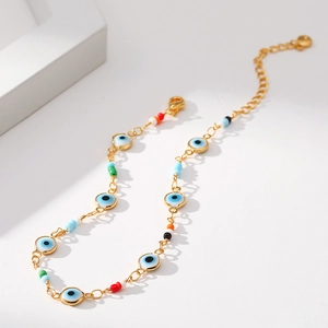 Bracelet de Cheville Bohémien Oeil du Diable pour Femme Cuivre Plaqué Or 18K Perles Multicolores Bijoux de Plage Été Réglable