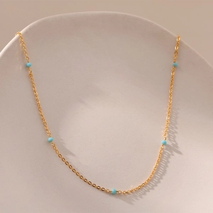 Minimalistische 18K Vergulde Koperen Kralenketting Voor Dames Franse Stijl Turkoois Opaal Steen Choker Sleutelbeinketting Sieraden