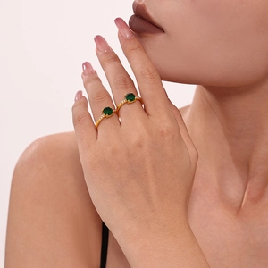 Luxury Stainless Steel Adjustable Open Ring For Women PVD Gold Plated Round Emerald Green Ruby Zirconia Finger Ring Jewelry