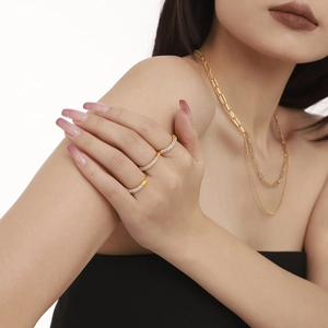 18K gold plated zircon ring set and layered necklace set with sparkling crystals