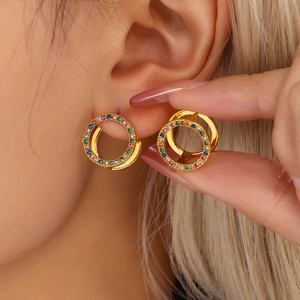 Pendientes de Aro Redondos de Acero Inoxidable Chapado en Oro PVD para Mujer Joyería de Moda con Circonia