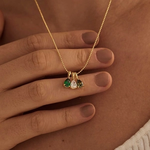18K gold plated bead chain necklace with emerald and pear-shaped birthstone pendants