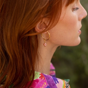 Détail d'une boucle d'oreille dorée 18K avec pendentif grenade sur un mannequin femme