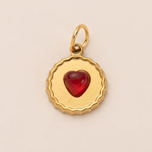 18K gold plated stainless steel round pendant with a red heart and scalloped edges
